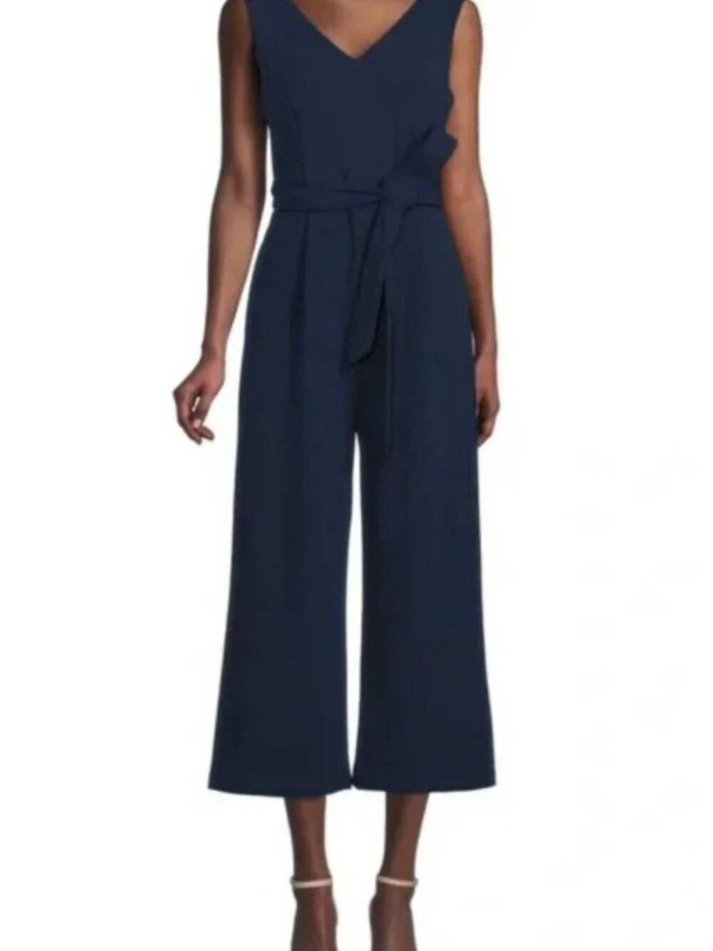 Calvin Klein Navy Sleeveless V-Neck Cropped Wide Leg Belted Jumpsuit 10 - Picture 2 of 9